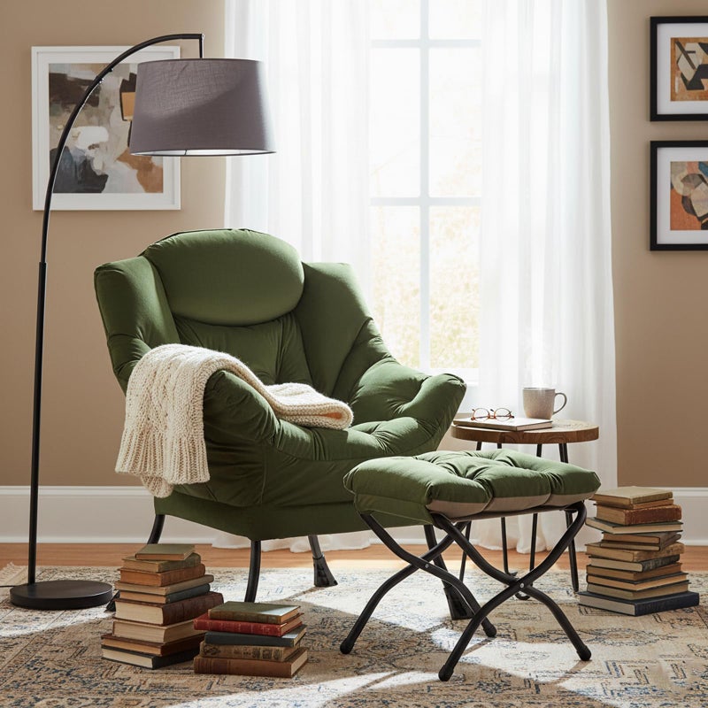 Welnow Lazy Chair with Ottoman, Modern Reading Lounge Accent Chair with Armrests and a Side Pocket, Leisure Upholstered Lazy Sofa Set with Footrest for Small Space, Army Green - Image 5