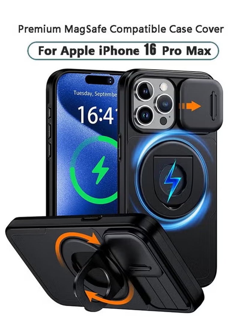 إكس ليفيل غطاء حماية لهاتف آيفون 16 برو ماكس مزود بحلقة مغناطيسية دوارة 360 درجة، وعدسة كاميرا منزلقة، ومسند، وغطاء متين مقاوم للصدمات لهاتف آيفون 16 برو ماكس، أسود - Image 1