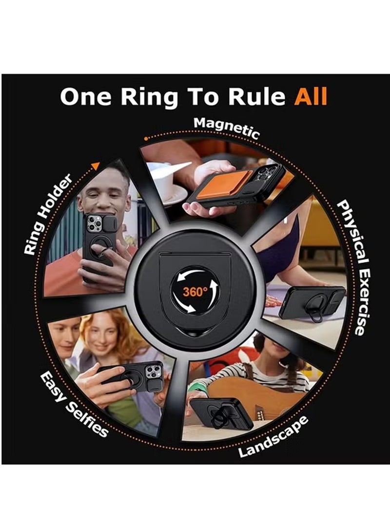 إكس ليفيل غطاء حماية لهاتف آيفون 16 برو ماكس مزود بحلقة مغناطيسية دوارة 360 درجة، وعدسة كاميرا منزلقة، ومسند، وغطاء متين مقاوم للصدمات لهاتف آيفون 16 برو ماكس، أسود - Image 2