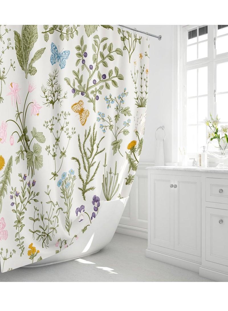 Excefore Vintage Floral Shower Curtain, Sage Green Botanical Fabric Shower Curtain Set, Boho Plant Herbs Flower Butterfly Aesthetic, Cottagecore Bathroom Decor, 72x72 Beige - Image 2