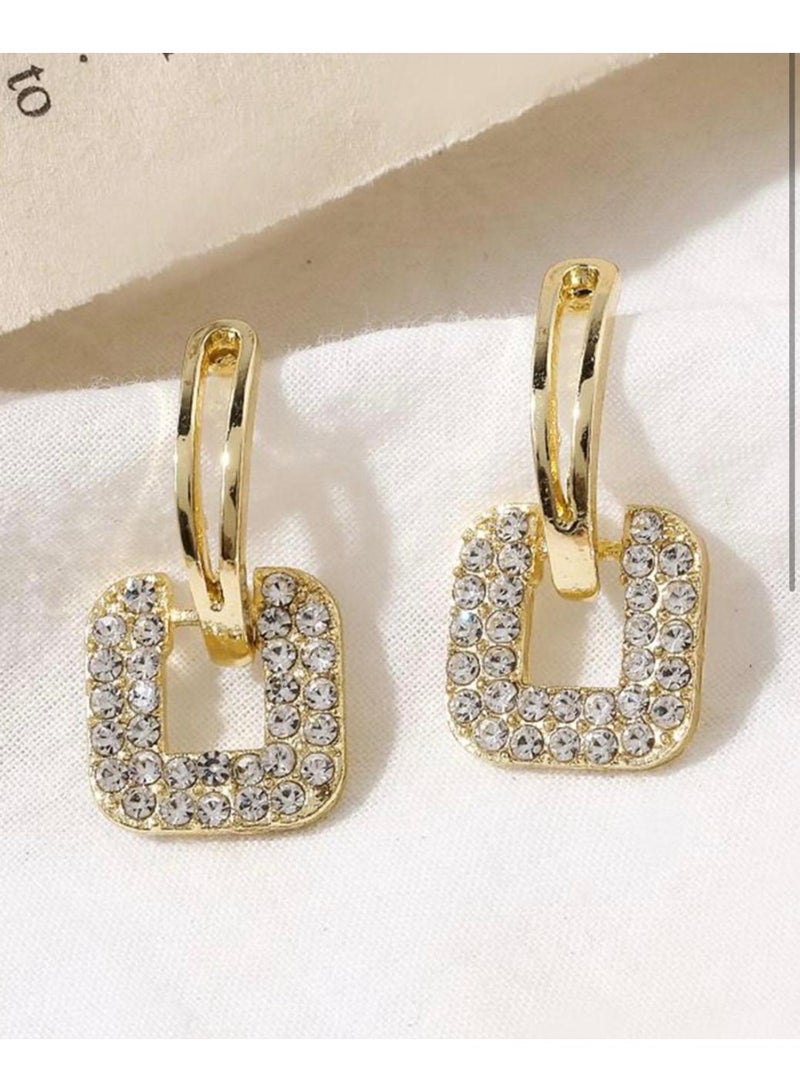 Luxury Gold-Tone Geometric Drop Earrings – Elegant Square Crystal Pave Dangle Studs