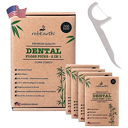 rebEarth Natural Dental Floss Picks Oral Care Dental Pick wMint Flavored Toothpicks 2in1 Natural Floss Toothpicks PlantBased Dental Flossers Tooth Floss Picks wTongue Cleaner 200 Count