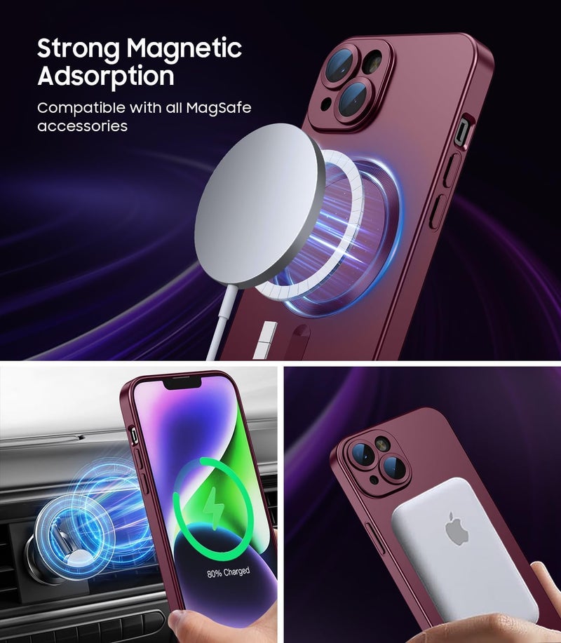 DIZORO Magnetic Case for iPhone 14 Cover [Compatible with MagSafe][Built-in Camera Lens Protector] Slim Soft Silicone Bumper Shockproof Metallic Luster Back Cover Phone Cases (Wine) - Image 3