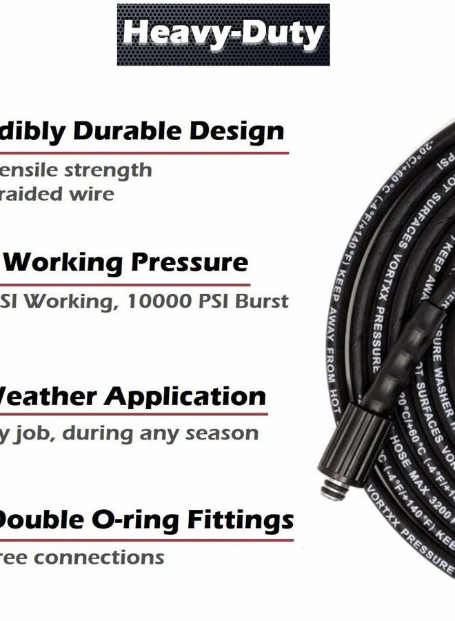 Vortxx Heavy Duty 1/4" x 30' Universal Pressure Washer Hose | M22-14mm Connections | Flexible | 3200 PSI | Kink Resistant | Double O-Ring - Image 4