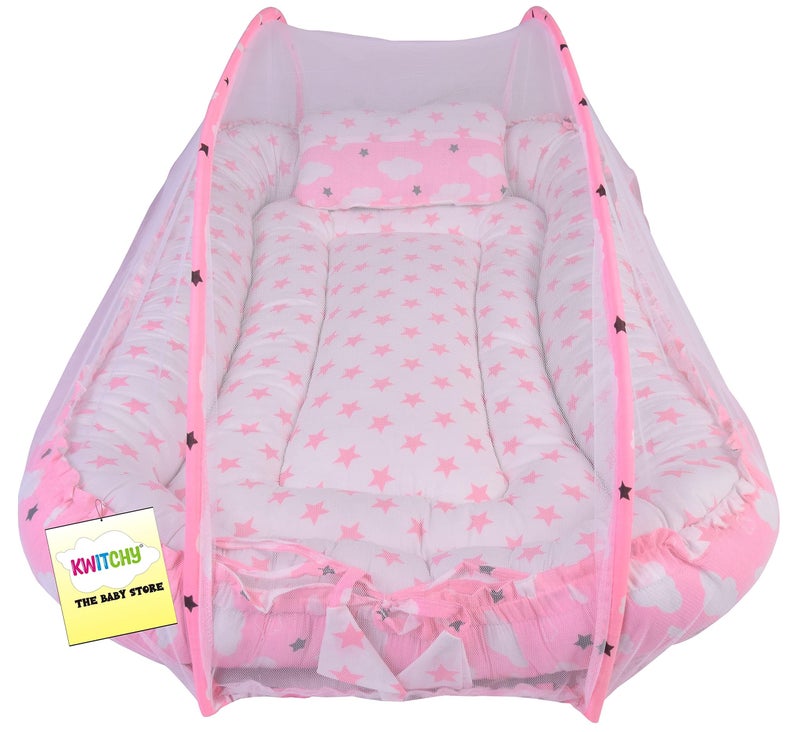 Kwitchy Baby Bedding Set New Born Baby Bed | Mattress | Luxury | Mosquito Net | Reversible | Cotton | Infant | Toddler | Boys & Girls (0-12 Months, Pink) - Image 1