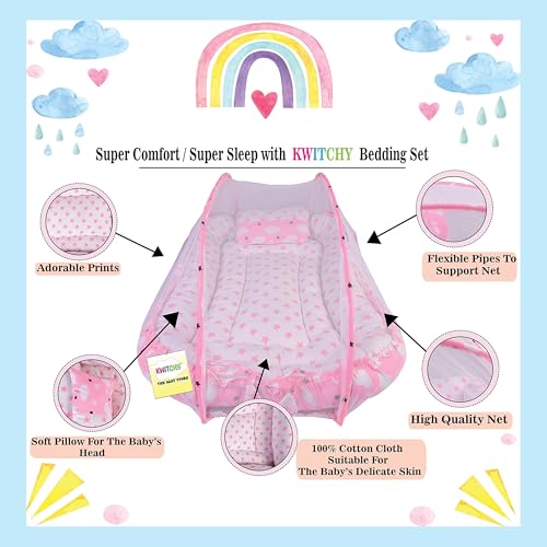 Kwitchy Baby Bedding Set New Born Baby Bed | Mattress | Luxury | Mosquito Net | Reversible | Cotton | Infant | Toddler | Boys & Girls (0-12 Months, Pink) - Image 5