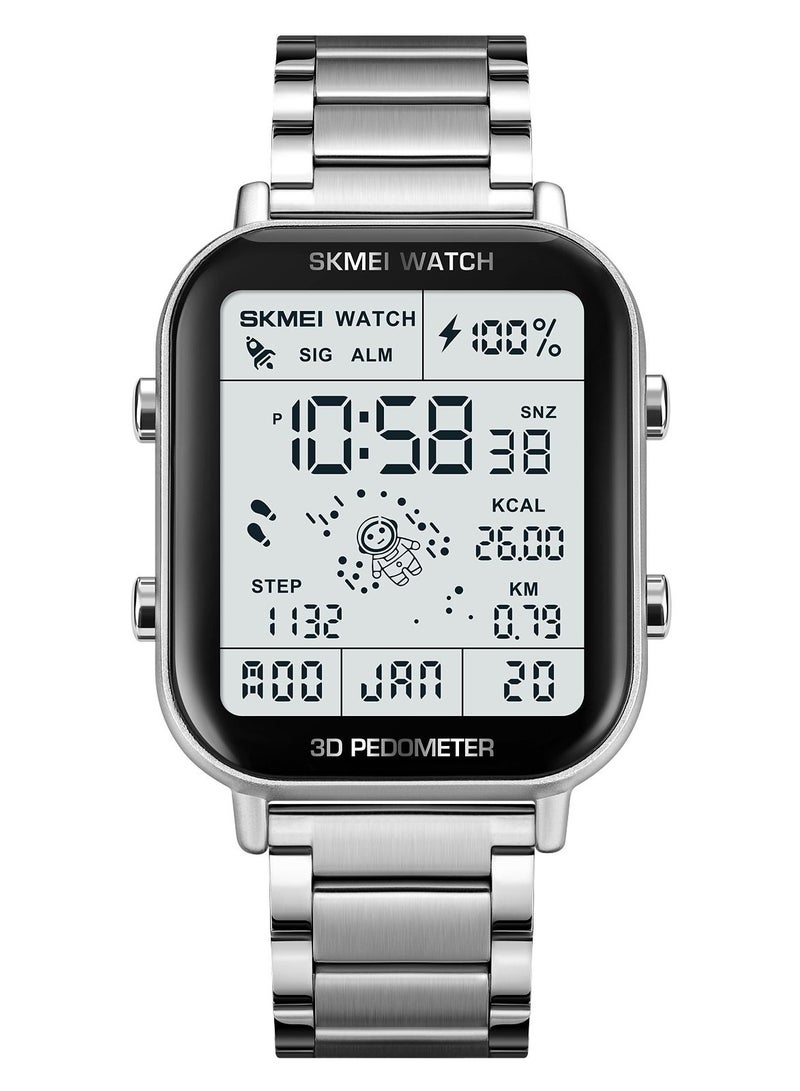 SKMEI ساعة رجالية متعددة الوظائف مضادة للماء مع عداد خطوات ثلاثي الأبعاد - فضي - Image 1
