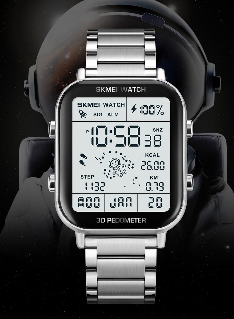 SKMEI ساعة رجالية متعددة الوظائف مضادة للماء مع عداد خطوات ثلاثي الأبعاد - فضي - Image 3
