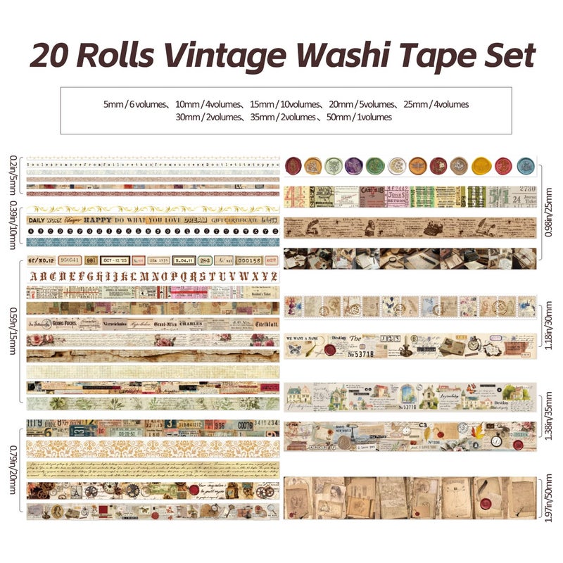 emmoolife 20 Rolls Vintage Washi Tape Set, Floral Letter Butterfly Mushroom Botanical Flower Writable Decorative Tapes for Scrapbooking , Junk Journal Supplies, Bullet Journaling 10-60mm Wide 6.56ft long/Roll - Image 4