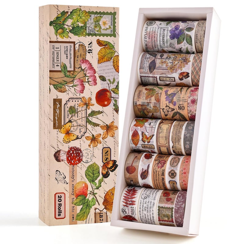 emmoolife 20 Rolls Vintage Washi Tape Set, Floral Letter Butterfly Mushroom Botanical Flower Writable Decorative Tapes for Scrapbooking , Junk Journal Supplies, Bullet Journaling 10-60mm Wide 6.56ft long/Roll - Image 1