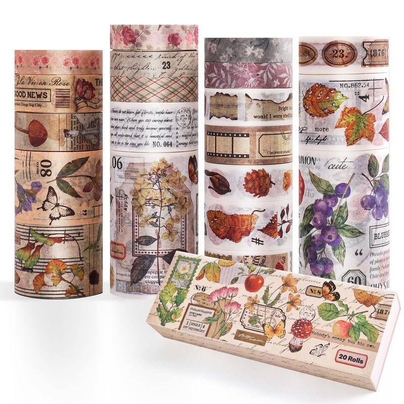 emmoolife 20 Rolls Vintage Washi Tape Set, Floral Letter Butterfly Mushroom Botanical Flower Writable Decorative Tapes for Scrapbooking , Junk Journal Supplies, Bullet Journaling 10-60mm Wide 6.56ft long/Roll - Image 2
