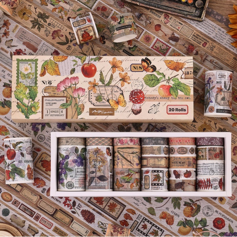 emmoolife 20 Rolls Vintage Washi Tape Set, Floral Letter Butterfly Mushroom Botanical Flower Writable Decorative Tapes for Scrapbooking , Junk Journal Supplies, Bullet Journaling 10-60mm Wide 6.56ft long/Roll - Image 5