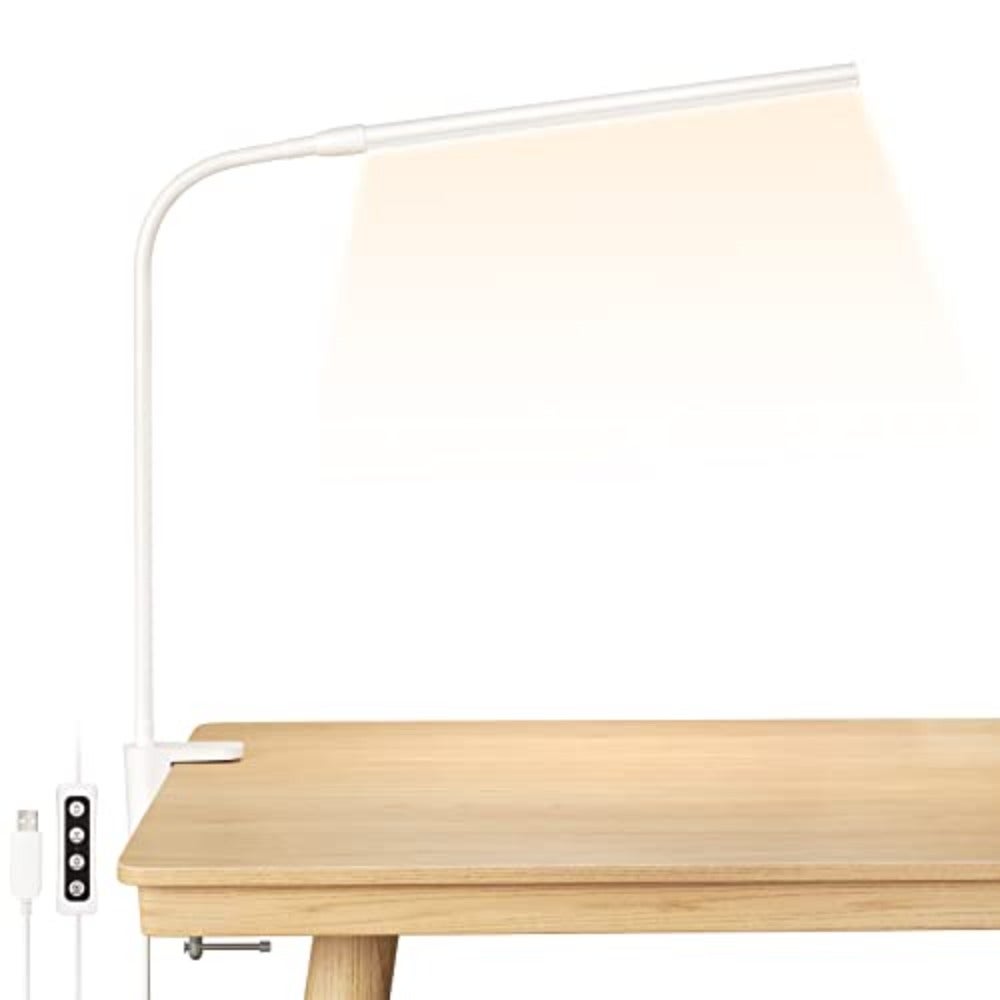 Clip-On Desk Lamp with Adjustable Flexible Neck, Warm/Natural/Cool Light Modes, 460 Lumens, 10-Level Dimmable Brightness, USB-Powered Clamp Lamp for Reading, Studying, Home or Office Use