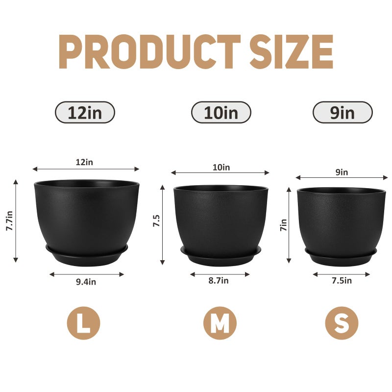 YNNICO Plant Pots 12/10/9 inch Set of 3, Flower Pots with Multi Mesh Drainage Holes, Large Planters for Indoor Outdoor Garden Plants and Flowers. (Black) - Image 2