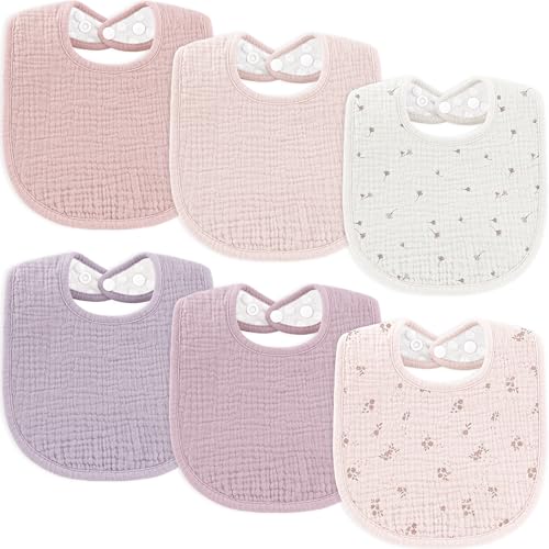 Susurration Muslin Baby Bibs 6 Pack Bandana Drool Bibs,Soft Square Adjustable Baby Drooling Bibs for Unisex Girls & Boys (Purple Print) - Image 1