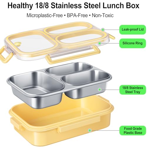 KTKUDY Stainless Steel Lunch Box for Kids & Adults - 25 oz - Leakproof 3 Compartment Metal Lunch Container - 18/8 Stainless Steel Bento Box - Ideal for School, Office & Outdoor - Dishwasher Safe (Yellow) - Image 5