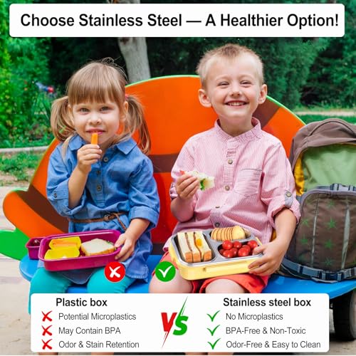 KTKUDY Stainless Steel Lunch Box for Kids & Adults - 25 oz - Leakproof 3 Compartment Metal Lunch Container - 18/8 Stainless Steel Bento Box - Ideal for School, Office & Outdoor - Dishwasher Safe (Yellow) - Image 2