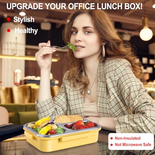 KTKUDY Stainless Steel Lunch Box for Kids & Adults - 25 oz - Leakproof 3 Compartment Metal Lunch Container - 18/8 Stainless Steel Bento Box - Ideal for School, Office & Outdoor - Dishwasher Safe (Yellow) - Image 4
