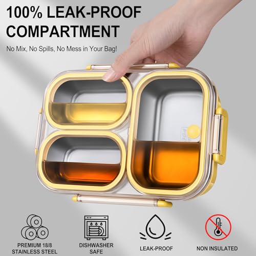 KTKUDY Stainless Steel Lunch Box for Kids & Adults - 25 oz - Leakproof 3 Compartment Metal Lunch Container - 18/8 Stainless Steel Bento Box - Ideal for School, Office & Outdoor - Dishwasher Safe (Yellow) - Image 3