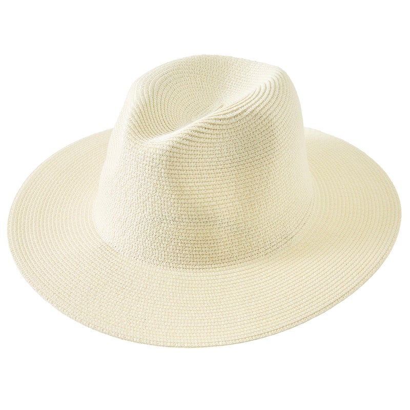 Lanzom Women Wide Brim Straw Panama Roll up Hat Fedora Beach Sun Hat UPF50+(Beige Without Band,One Size-Medium) - Image 2