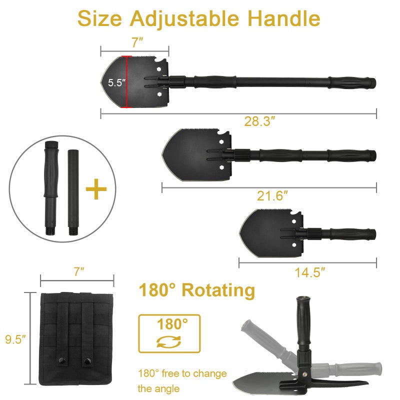 Yeacool Survival Shovel, (28.3'') Camping Folding Shovel, Military Spade Multitool, Tactical Trench Tool, with Pickaxe, Compass, Whistle, Molle Bag for Digging, Metal-Detecting, Off Roading, Emergency - Image 2