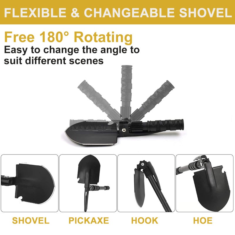 Yeacool Survival Shovel, (28.3'') Camping Folding Shovel, Military Spade Multitool, Tactical Trench Tool, with Pickaxe, Compass, Whistle, Molle Bag for Digging, Metal-Detecting, Off Roading, Emergency - Image 3