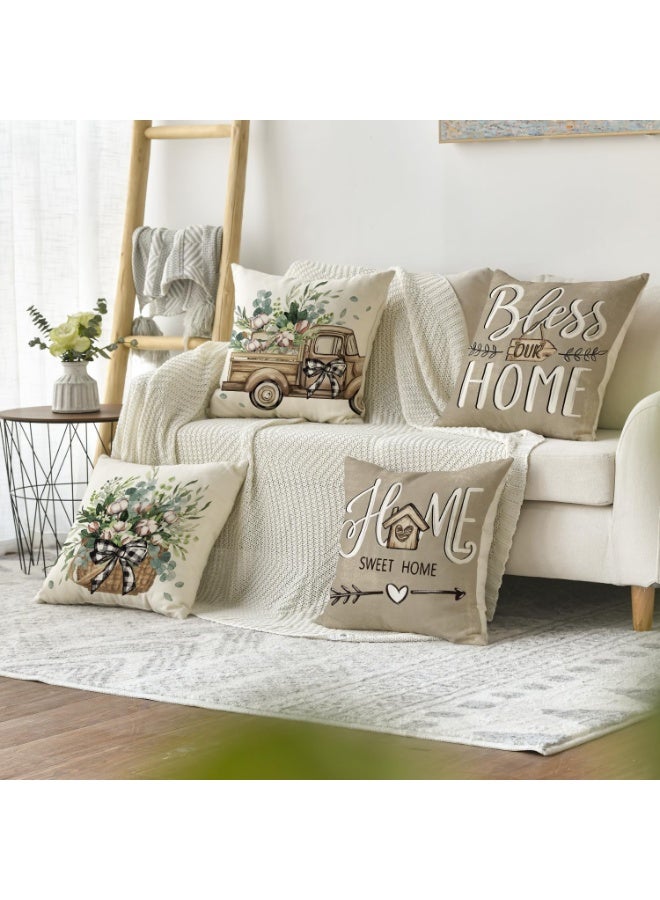 VIUAUAX Bless Our Home Farmhouse Eucalyptus Leaves Throw Pillow Covers, 45 x 45cm Truck Home Sweet Home Cushion Case Decorations Set of 4 - Image 4