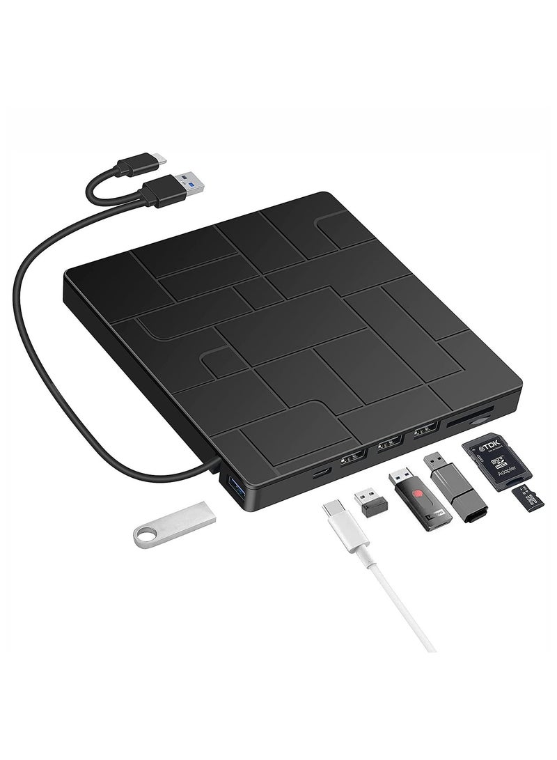 مشغّل أقراص CD DVD خارجي USB 3.0 Type-C DVD-ROM مشغّل CD-RW فائق النحافة مع 4 منافذ USB وفتحة لبطاقات SD وTF ومحرك أقراص بصري وكابل Type C - Image 1