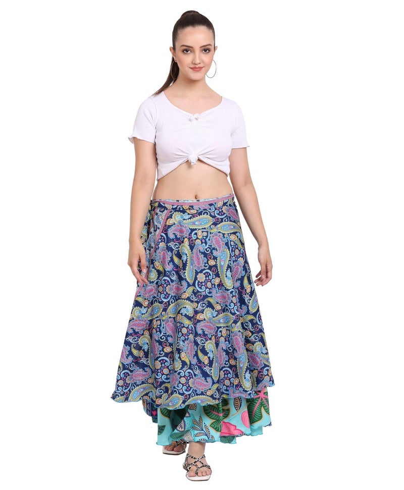 Wevez® Wholesale Lot of 10 Pcs Indian Printed Reversible Art Silk Wrap Around Skirts - Image 5