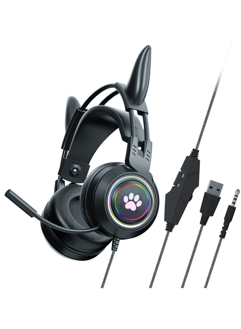 Wireless Headphones, Over Ear Headphones, Cat Ear Kids Gaming Headset with Microphone for Laptop/PC /PS4 /PS5 /Xbox/Nintendo Switch, RGB Light Up 3.5mm Wired USB Headset
