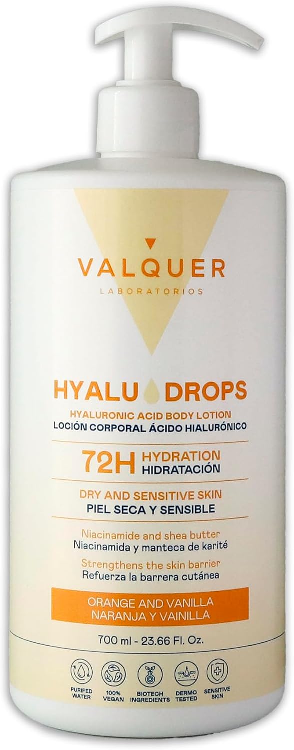 Valquer Hyaludrops Orange Vanilla Body Moisturizing Cream Lotion for Dry and Sensitive Skin Up to 72 Hours of Nourishing Hydration with Hyaluronic Acid Niacinamide and Shea Butter 700 ml