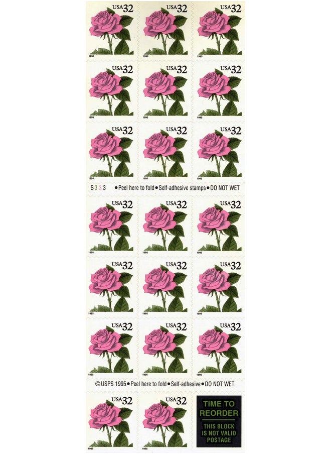 USPS 1995 Pink Rose Full Booklet Pane Of 20 X 32 Cent Postage Stamps Scott 2492A  - Image 2