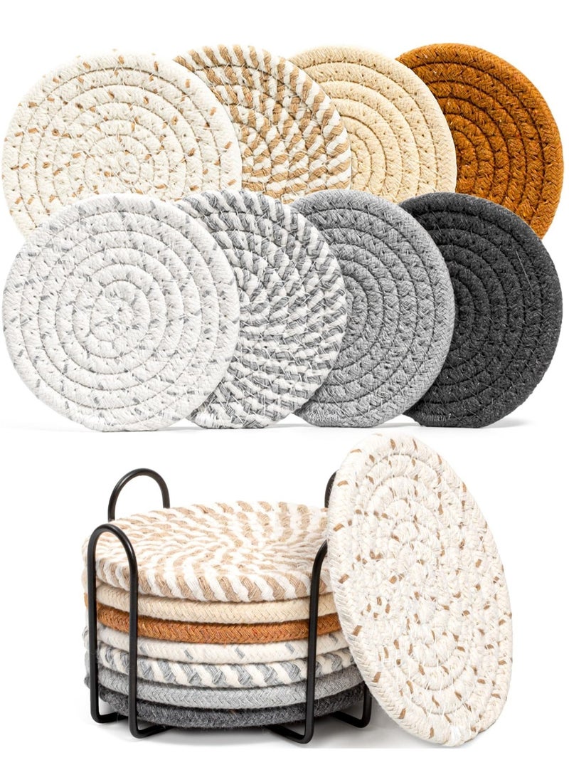 LIMOS 8 Pcs Drink Coasters with Holder, 8 Colors Absorbent Coasters for Drinks Minimalist Cup Coasters Cotton Coaster Set Woven Coasters for Coffee Table Home Decor Bar Housewarming Gift, 4.3 Inch  - Image 1