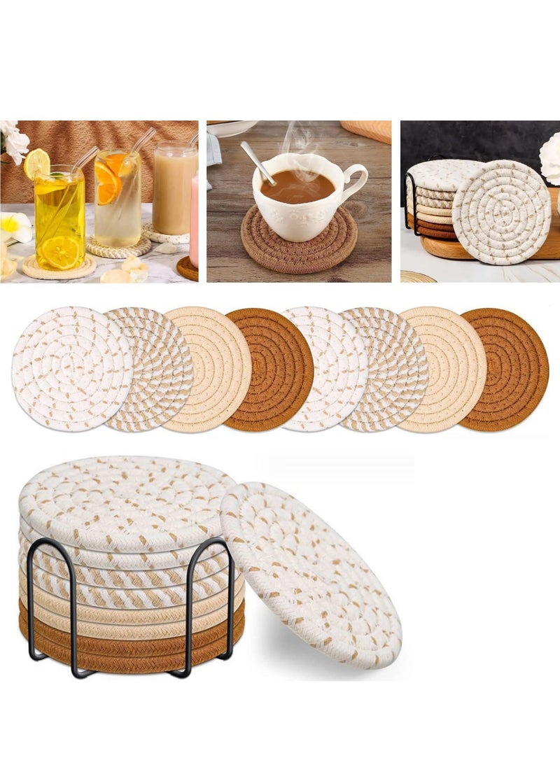 LIMOS 8 Pcs Drink Coasters with Holder, 8 Colors Absorbent Coasters for Drinks Minimalist Cup Coasters Cotton Coaster Set Woven Coasters for Coffee Table Home Decor Bar Housewarming Gift, 4.3 Inch  - Image 4