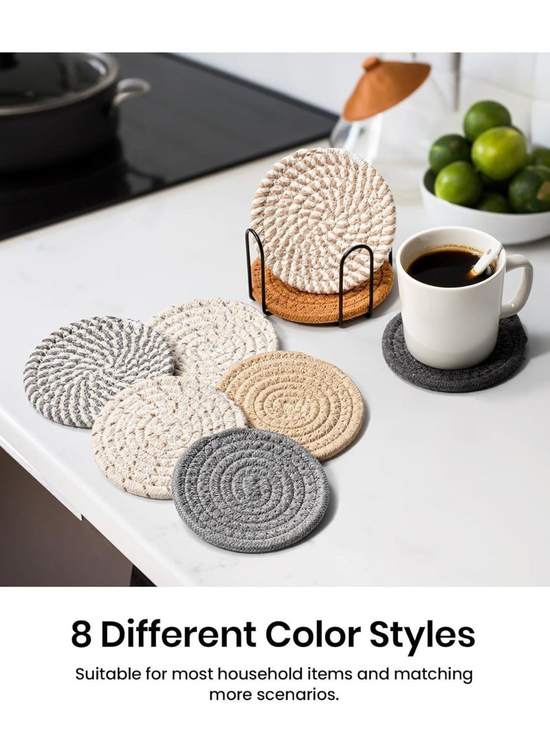 LIMOS 8 Pcs Drink Coasters with Holder, 8 Colors Absorbent Coasters for Drinks Minimalist Cup Coasters Cotton Coaster Set Woven Coasters for Coffee Table Home Decor Bar Housewarming Gift, 4.3 Inch  - Image 2