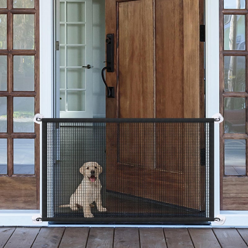 LWFCOEE Mesh Dog Gates for Pets Magic Pet Gate for The House Portable Puppy Safety Fence Guard for Stairs and Doorways Easy Install Anywhere 70 W x 30 H 8 Hooks - Image 2