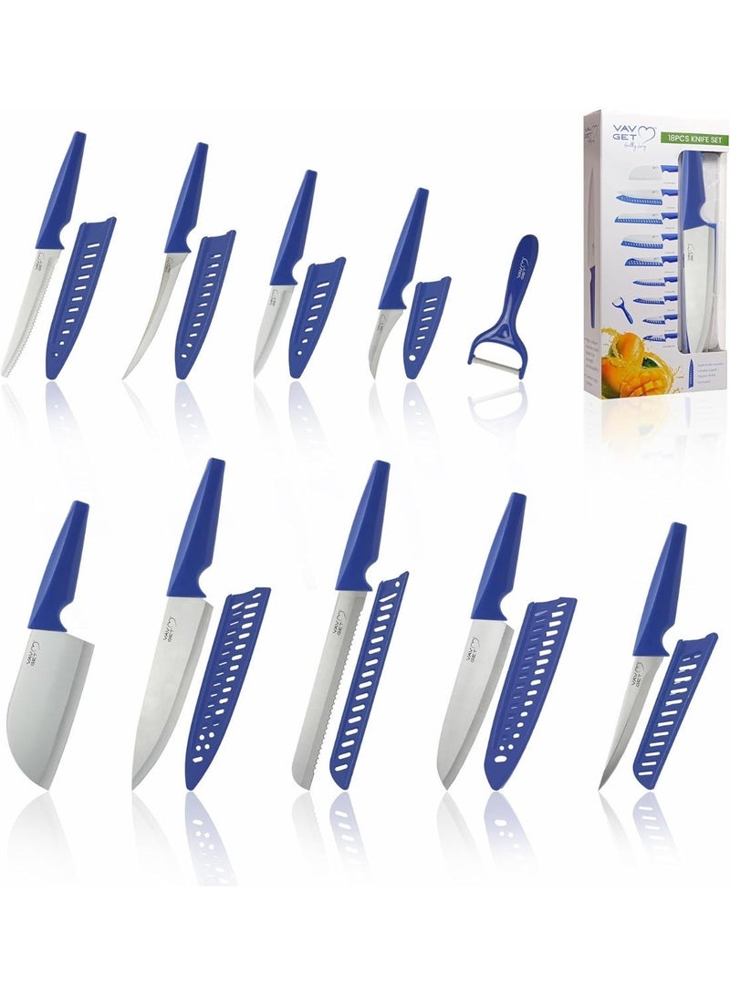 VAV GET 18-Piece Stainless Steel Knife Set with Protective Covers & Peeler - Blue - Image 1