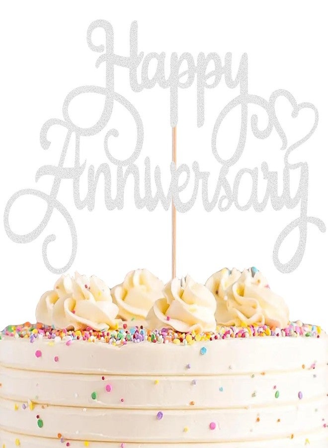 AHAORAY Happy Anniversary Cake Topper - Silver Glitter Cake Decorations Supplies - Birthday Cake Bunting Decor, for Photo Booth Props - Image 1