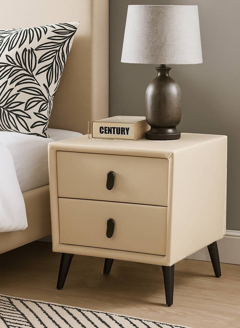 طاولة جانبية كلاسيكية بتصميم أنيق من الخشب الصلب مع درجين، مغطاة بجلد صناعي فاخر، خزانة جانبية حديثة لغرفة النوم وغرفة المعيشة - Image 1