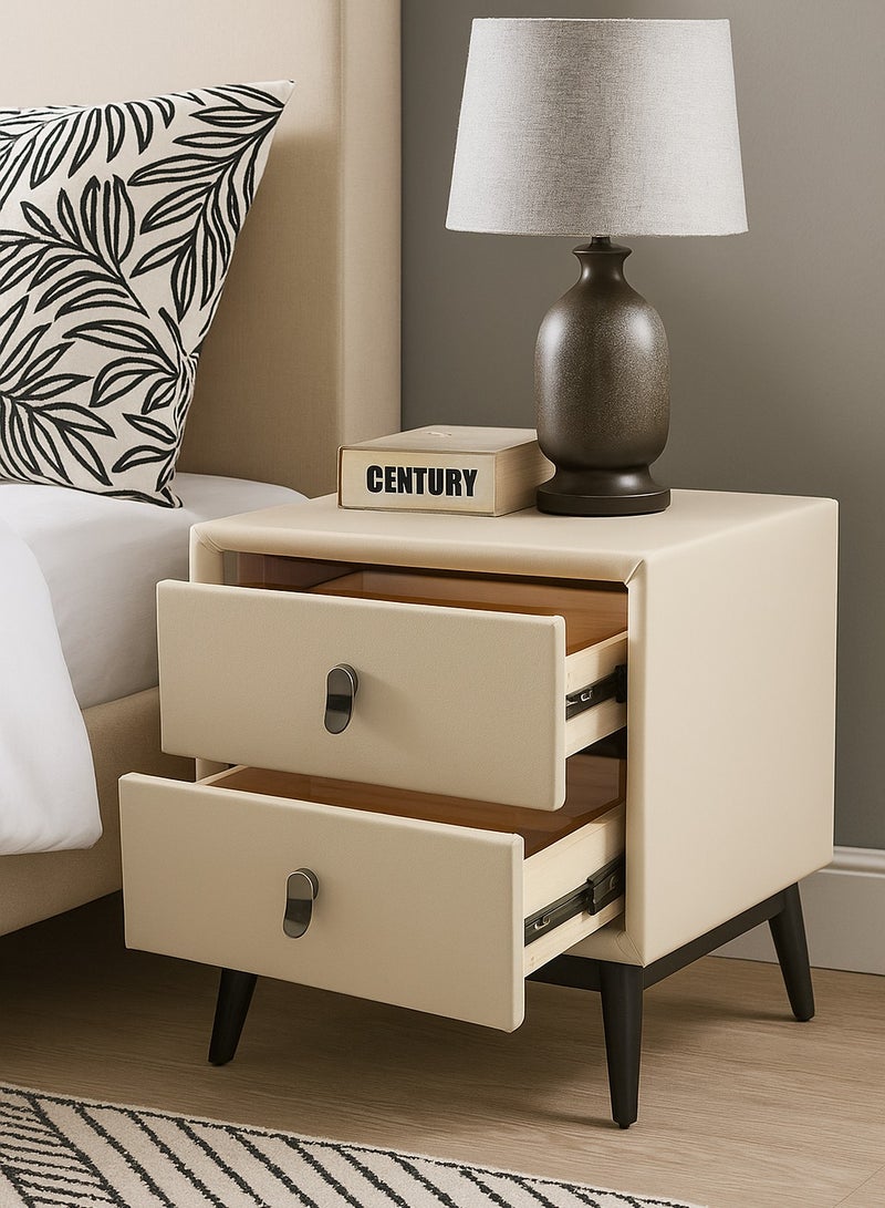 طاولة جانبية كلاسيكية بتصميم أنيق من الخشب الصلب مع درجين، مغطاة بجلد صناعي فاخر، خزانة جانبية حديثة لغرفة النوم وغرفة المعيشة - Image 2