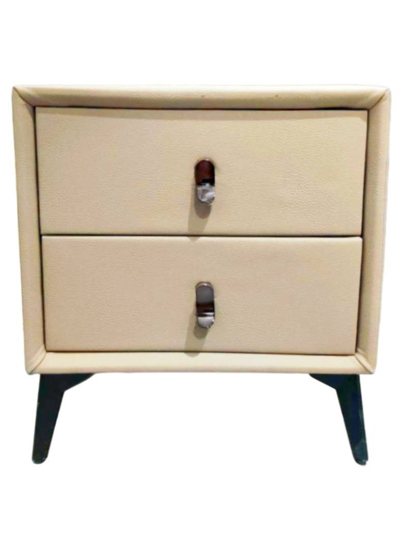 طاولة جانبية كلاسيكية بتصميم أنيق من الخشب الصلب مع درجين، مغطاة بجلد صناعي فاخر، خزانة جانبية حديثة لغرفة النوم وغرفة المعيشة - Image 4