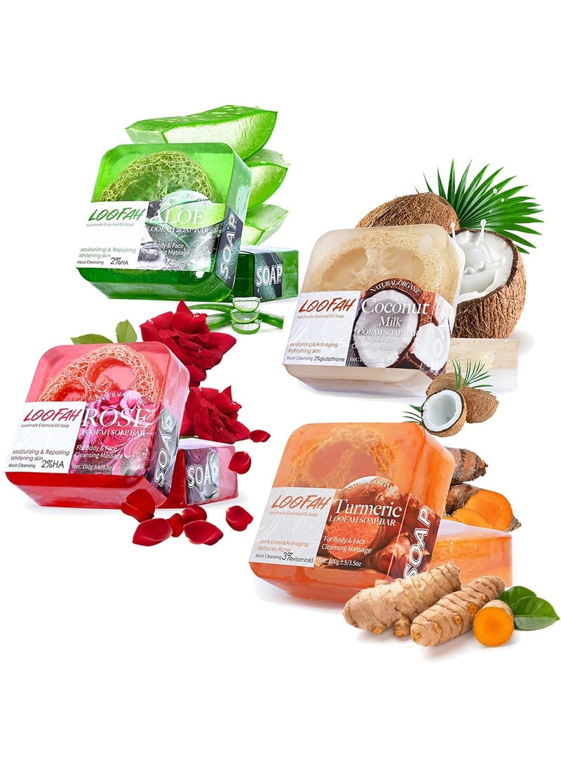 Dapoprren Natural Loofah Soap Bar 4PCSExfoliating Natural Soap with Loofah InsideTurmericAloeRoseCoconut MilkMoisturizing Handmade Soap For Face and Body 