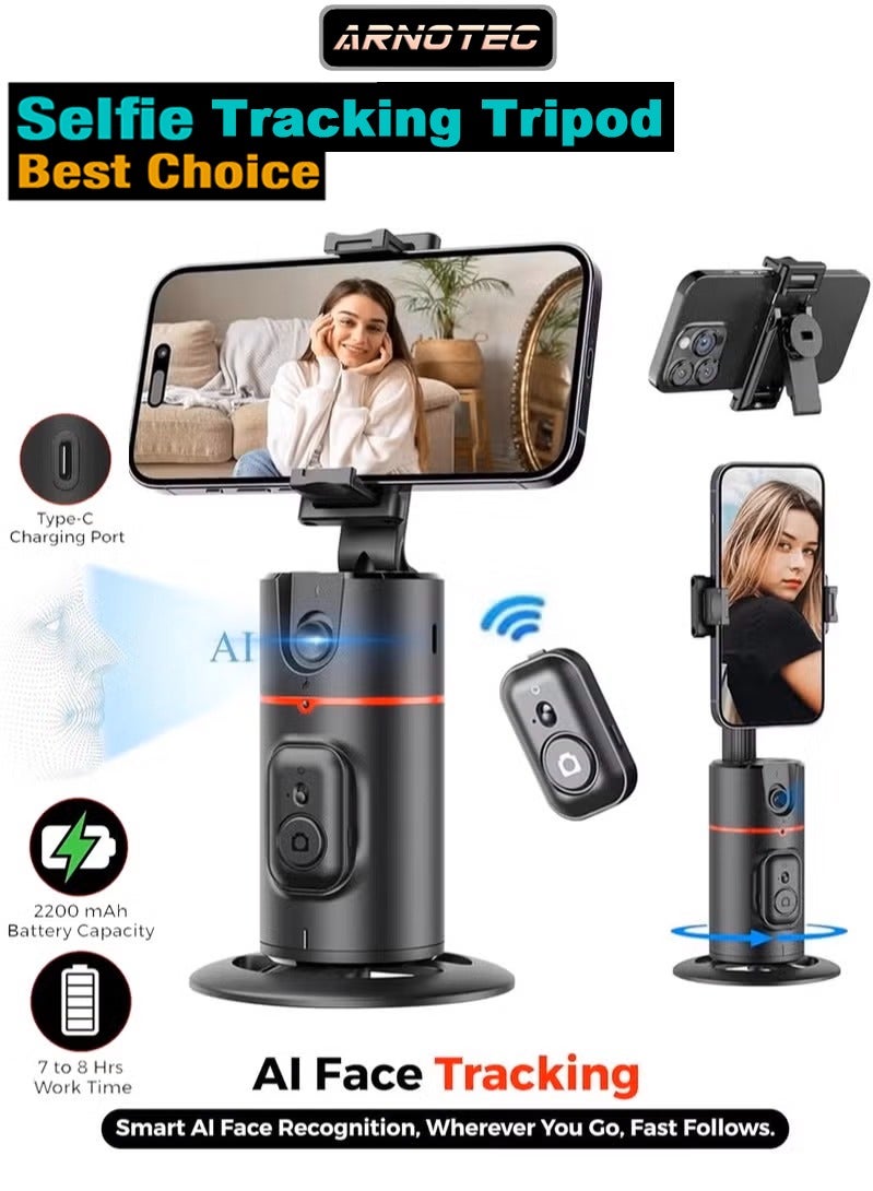 ARNOTEC مثبت جيمبال يدور 360 درجة لتتبع الوجه وتصوير السيلفي على سطح المكتب للهواتف الذكية التيك توك لايف مع مصراع عن بعد، أسود - Image 1