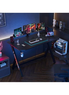 AGD Gaming Desk 120cm, PC Desk, Home Office Workstation with Carbon Fiber Top, Gaming Table with Headphone Hook and Cup Holder (Black)  - Image 1