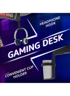 AGD Gaming Desk 120cm, PC Desk, Home Office Workstation with Carbon Fiber Top, Gaming Table with Headphone Hook and Cup Holder (Black)  - Image 5