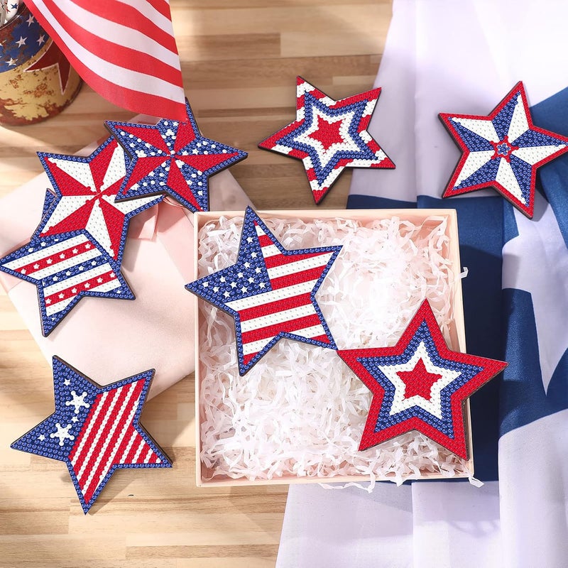 Shellwei 8 Pcs Diamond Art Coasters Diamond Painting Coasters with Holder Beginner Adults Kids Art Kit DIY Diamond Painting Kit Diamond Crafts Coasters for Gift Supplies (Star Shape Flag) - Image 2