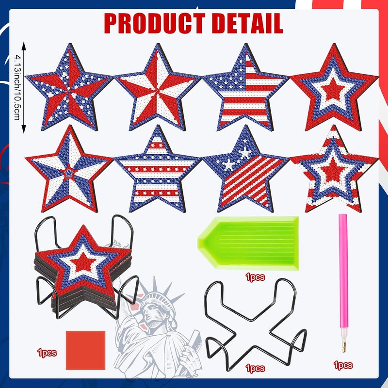 Shellwei 8 Pcs Diamond Art Coasters Diamond Painting Coasters with Holder Beginner Adults Kids Art Kit DIY Diamond Painting Kit Diamond Crafts Coasters for Gift Supplies (Star Shape Flag) - Image 4