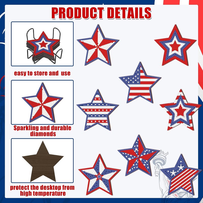 Shellwei 8 Pcs Diamond Art Coasters Diamond Painting Coasters with Holder Beginner Adults Kids Art Kit DIY Diamond Painting Kit Diamond Crafts Coasters for Gift Supplies (Star Shape Flag) - Image 3
