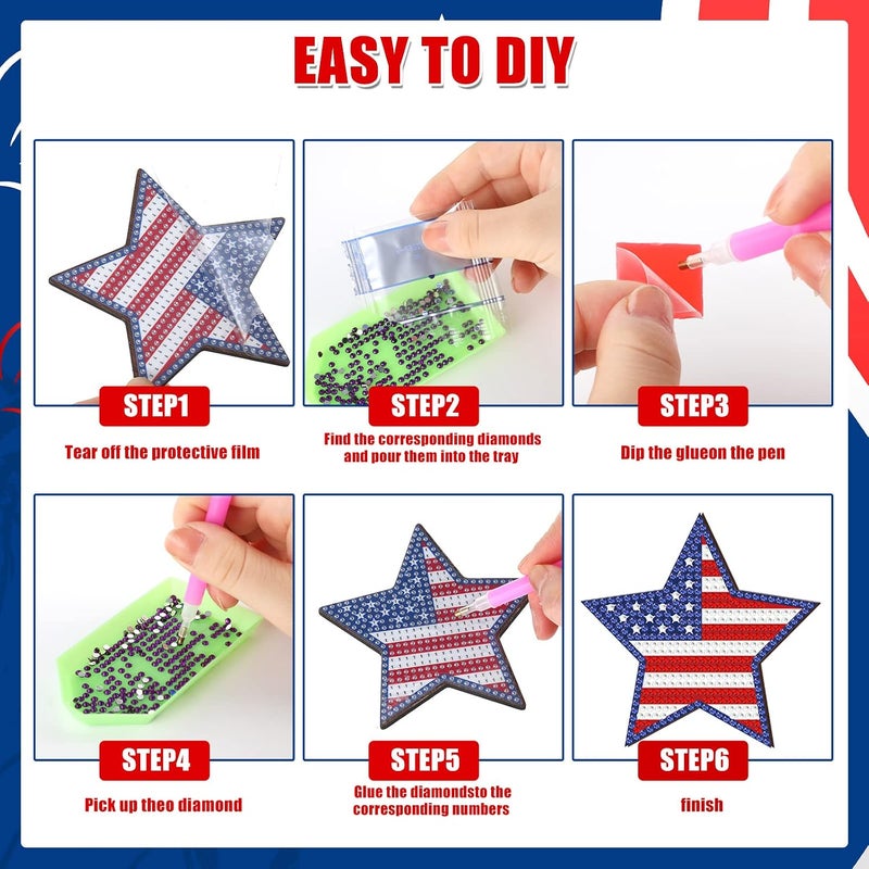 Shellwei 8 Pcs Diamond Art Coasters Diamond Painting Coasters with Holder Beginner Adults Kids Art Kit DIY Diamond Painting Kit Diamond Crafts Coasters for Gift Supplies (Star Shape Flag) - Image 5
