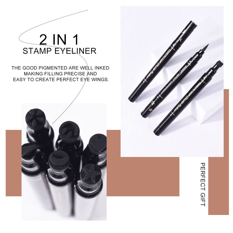Ownest 6Pcs Eyeliner Stamp, Double-End Eyeliner Stamp Pen, Waterproof Eye Liner Tattoo Makeup-Smiley+Triangle+Heart+Star+Moon+Flower - Image 5